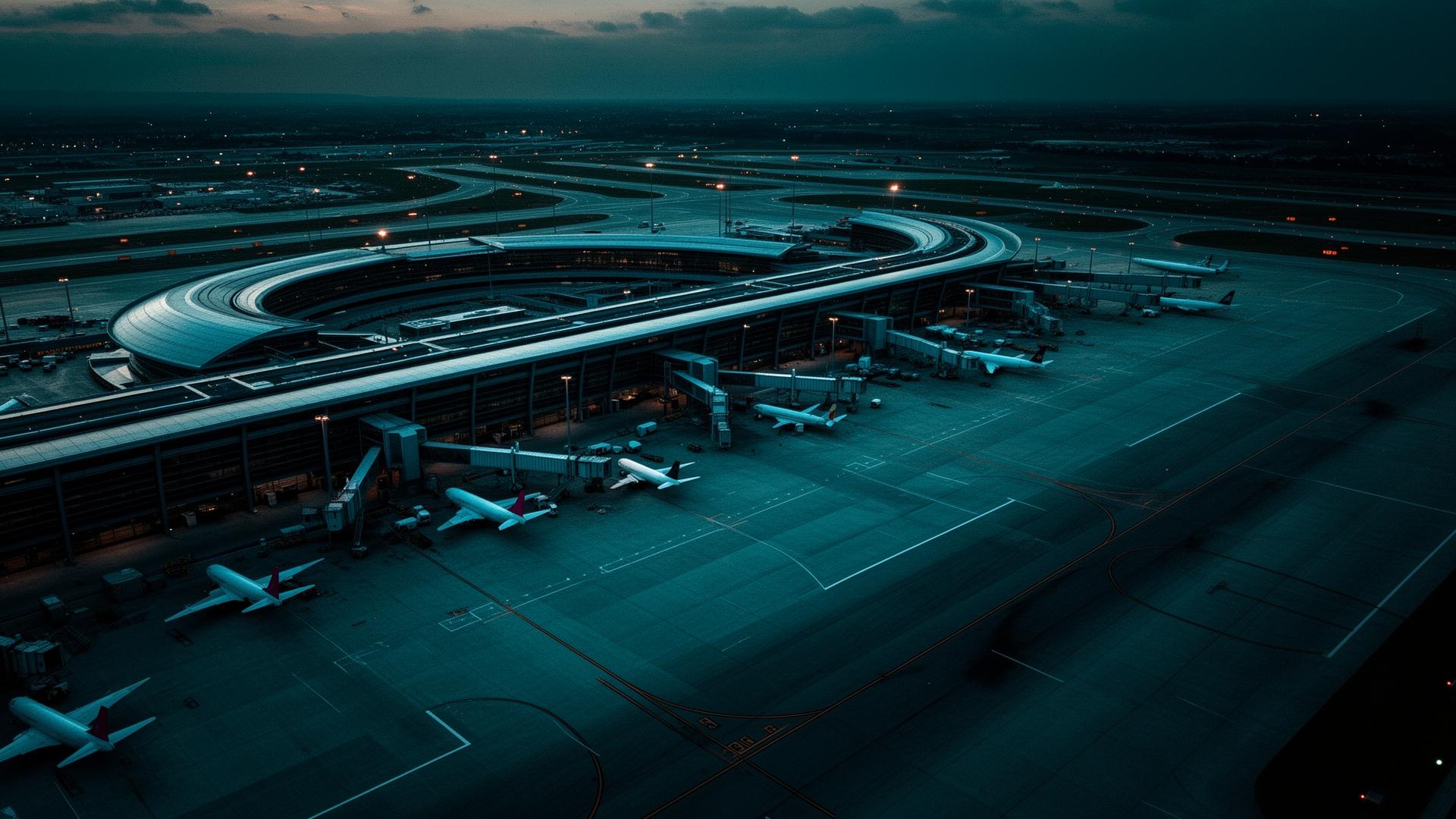 Aerial view of an airport terminal at dusk